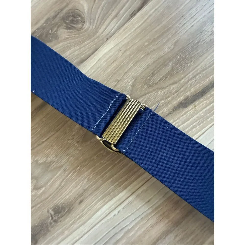 Vintage 80’s Womens Nautical Blue White Braided Gold Tone Buckle Stretch Belt